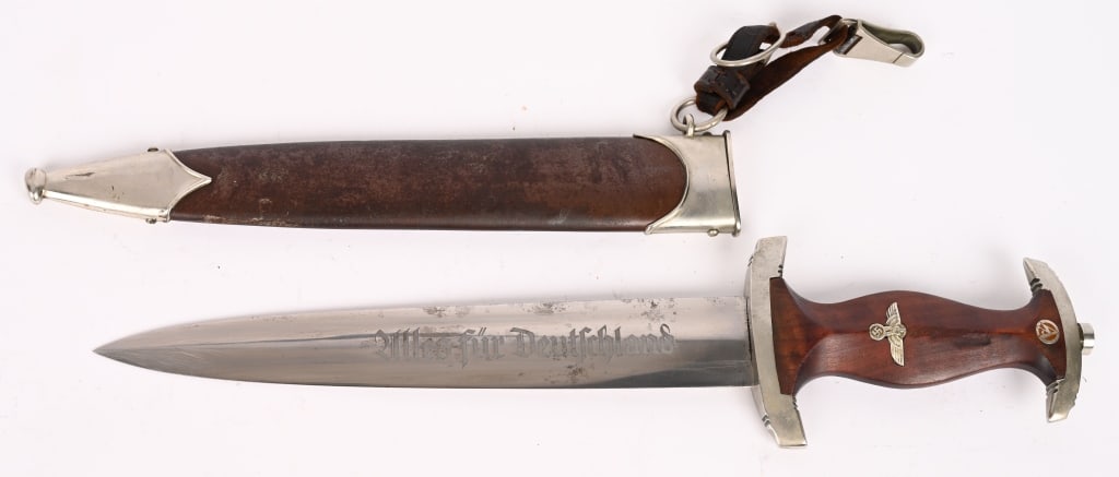 WWII NAZI GERMAN SA M33 DAGGER GROUND RÖHM WW2: Early, (Circa 1933-1934), nice quality dagger features a roughly, 8 3/4", (22.3 cm), long, double edged, nickel/silver plated, drop forged steel construction blade with a low central ridge and a full 