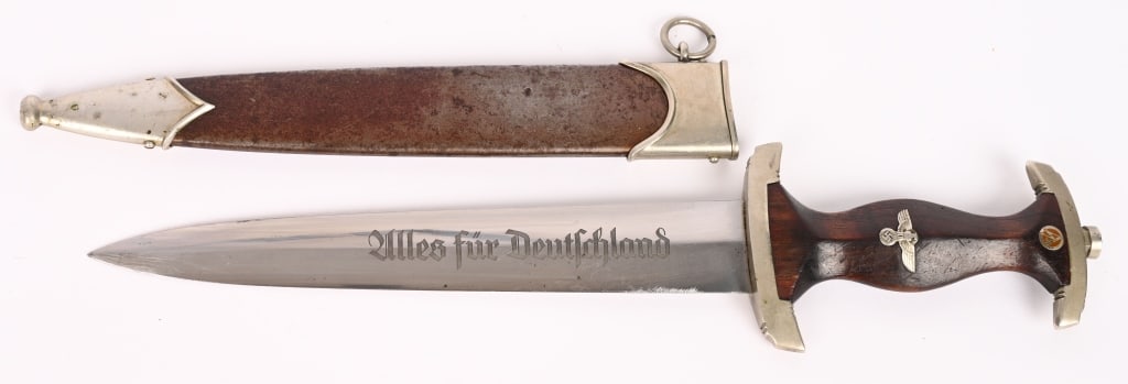 WWII NAZI GERMAN SA DAGGER BY F. DICK WW2: Early, (Circa 1933-1934), nice quality dagger features a roughly, 8 3/4", (22.3 cm), long, double edged, nickel/silver plated, drop forged steel construction blade with a low central ridge and a full 