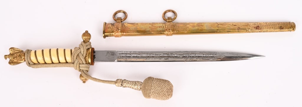 WWII NAZI GERMAN KRIEGSMARINE DAGGER FW HOLLER WW2: Roughly 25cm long nickel/silver plated drop forged steel construction stiletto style blade with dual narrow central fullers to each side. Double engraved maker marked F.W. Holler. The dagger has a nic