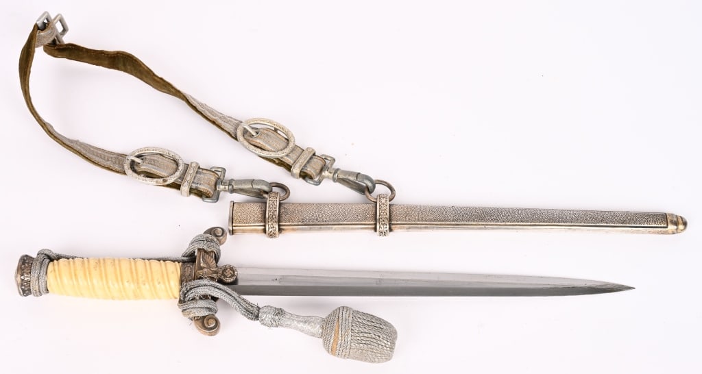 WWII NAZI GERMAN ARMY OFFICERS DAGGER BY ALCOSO: The dagger features a roughly, 26cm long drop forged steel construction nickel/silver plated stiletto style blade with a flat central ridge and a full length including the hilt of roughly 38cm. Nice c