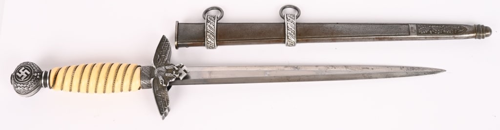 WWII NAZI GERMAN LUFTWAFFE DAGGER BY KLASS NAMED: Roughly 29cm long bright nickel/silver plated double edged drop forged steel stiletto style blade with a flat central plane. Maker marked to "Robert Klass" with the last name of the soldier engraved K