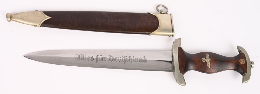 WWII NAZI GERMAN SA M33 DAGGER GROUND Röhm WW2: Early, (Circa 1933-1934), nice quality dagger features a roughly, 8 3/4", (22.3 cm), long, double edged, nickel/silver plated, drop forged steel construction blade with a low central ridge and a full 