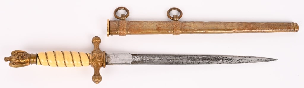 WWII NAZI GERMAN KRIEGSMARINE OFFICER'S DAGGER WW2: Roughly 25cm long, drop forged steel, nickel/silver plated, stiletto style blade with dual, narrow, central fullers. Blade features the standard acid etched design of fouled anchors and ornate