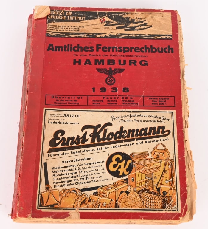 WWII NAZI GERMAN LARGE PHONE BOOK HAMBERG 1938 WW2: Telephone Book Hamburg 1938. An extremely rare citizen and business phone book of Hamburg. Very good covers on the exterior and very good interior condition. Part 1: German citizens Part 2: Businesses