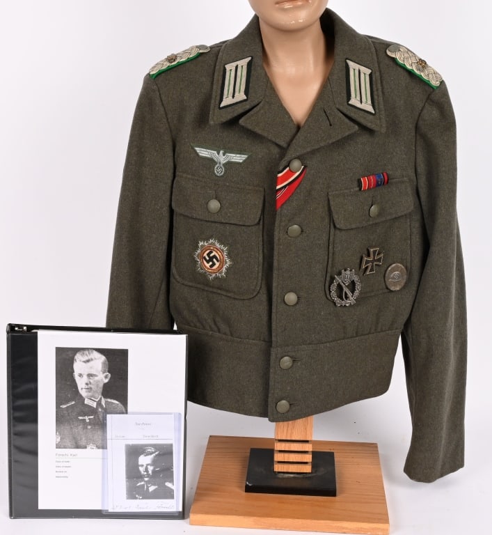 WWII NAZI GERMAN GEBIRGSJÄGER TUNIC GERMAN CROSS: Waist length field-gray wool/rayon blend construction field blouse with a vertical six button front closure, small fold back lapels and a lay down collar. The field blouse has two non-pleated patch br
