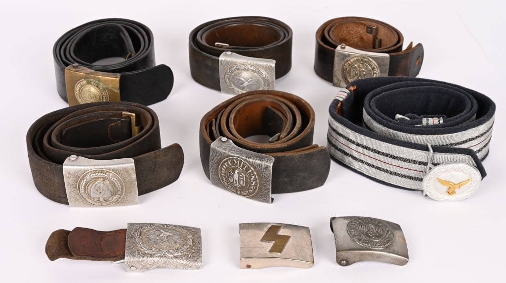 WW1 IMPERIAL GERMAN & WWII NAZI BELT & BUCKLE LOT: Lot of WWI and WWII German Belts and Buckle lot to include 1) PRUSSIAN EM/NCO'S BELT & BELT BUCKLE. Prussian M1895 two piece example. Comes with an original 110cm long leather belt. Size adjustment ta