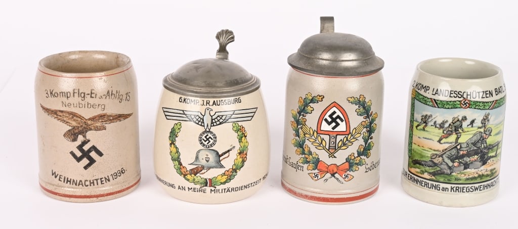 WWII NAZI GERMAN MILITARY STEIN LOT WW2: Lot of 4 Nazi German Military or Paramilitary ceramic Steins to include 1) 3. Komp Flg.-Ers.-Abtlg. 15 Neubiberg Weihnachten 1936 .5 liter stein with a bold 2nd Pattern Luftwaffe Eagle to the center. 