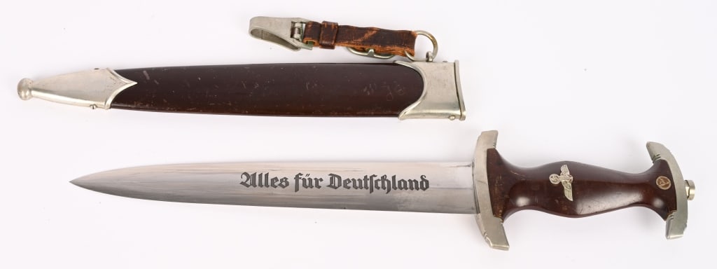WWII NAZI GERMAN SA DAGGER BY FRIEDRICH HERDER WW2: Nice quality dagger features a roughly, 8 3/4", (22.2 cm), long double edged nickel/silver plated drop forged steel construction blade with a low central ridge and a full length, including the hilt, o