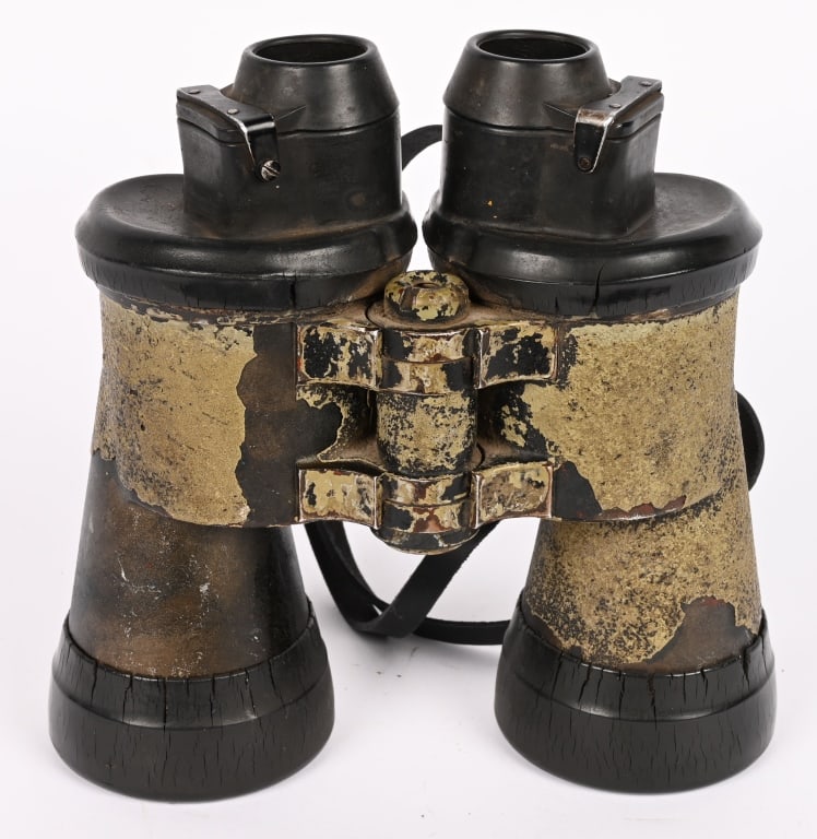 WWII NAZI GERMAN U-BOAT BINOCULARS BLC WW2: Tooled alloy construction, 7 x 50, power, (7 power magnification with a 50mm diameter objective lens), binoculars with black rubber fittings. The lens bodies retain all of their original, coarse, roug