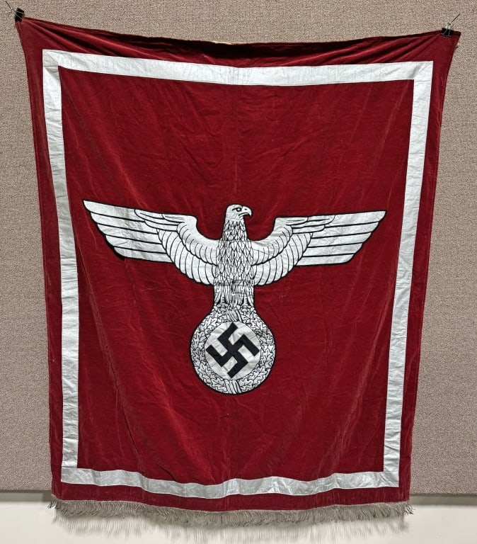 WWII NAZI GERMAN POLITICAL PODIUM BANNER W/ EAGLE: Exquisite Flat bullion Podium Banner. Approximately 60 inches tall, 53 inches wide, single sided, multi-piece, velvet construction banner features a red base field with a separate early silver party e