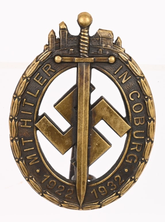 WWII NAZI GERMAN 1932 COBURG BADGE 1922-1932 WW2: This badge was awarded to individuals who accompanied Hitler to a Germanic Day in the City of Coburg, held on the 14th-15th October, 1922. Coburg had a substantial Communist Party that attempted to pr