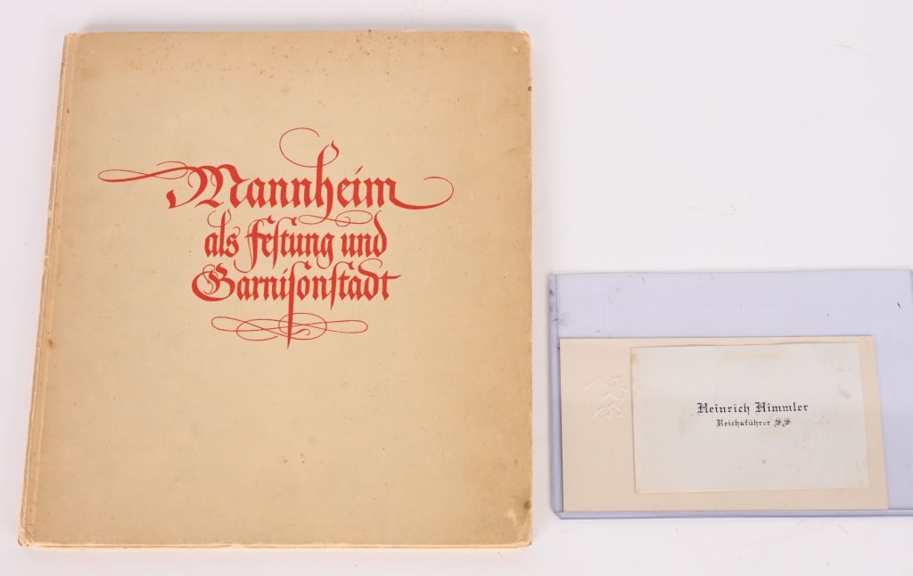 WWII NAZI GERMAN SIGNED BOOK BY H. HIMMLER & CARD: Lot of Heinrich Himmler personal items to include 1) Book From Heinrich Himmler's Personal Library, hand signed and dated by Himmler on November 6 1937. Book From Heinrich Himmler's Personal Library, 