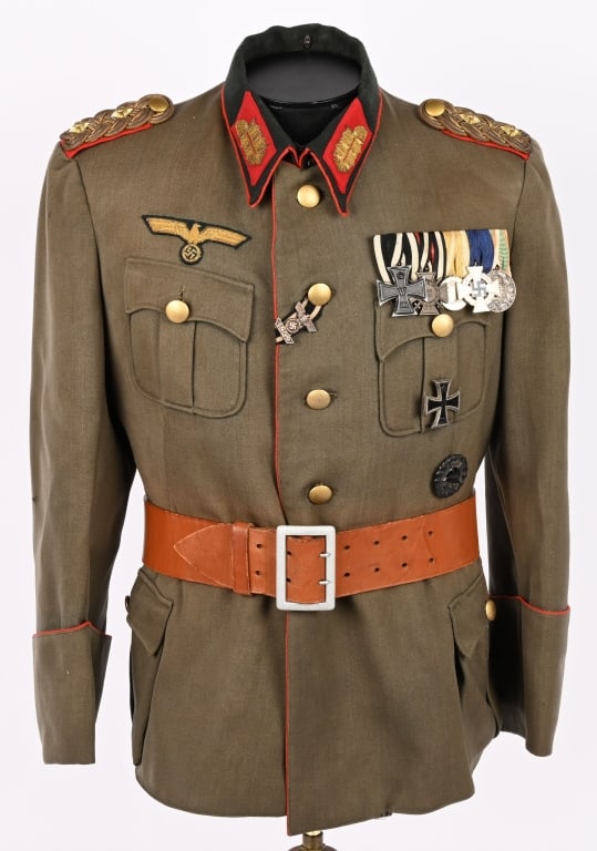WWII NAZI GERMAN WEHRMACHT GENERALS TUNIC WW2: The uniform service tunic with Medals. Very nice quality, private purchase, field-gray, wool/rayon blend construction ornamented service tunic with a pronounced whipcord weave and features a vertical,