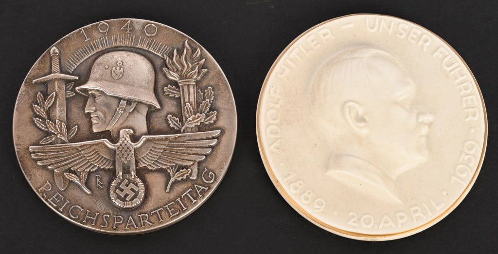 WWII NAZI GERMAN NON PORTABLE AWARDS ADOLF HITLER: Lot of WWII Nazi German items to include 1) German NSDAP (Nazi Party) Prototype 1940 Reichsparteitag Table Medal By Deschler. This event as well as the 1939 rally had never taken place due to the