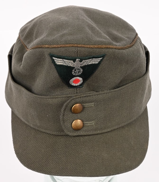 WWII NAZI GERMAN WEHRMACHT GENERALS M43 CAP WW2: Field-gray, wool construction cap features fold down back and side panels with scalloped front edge and forward sides, held in the upward position at the front by two gold washed Generals buttons. Bac