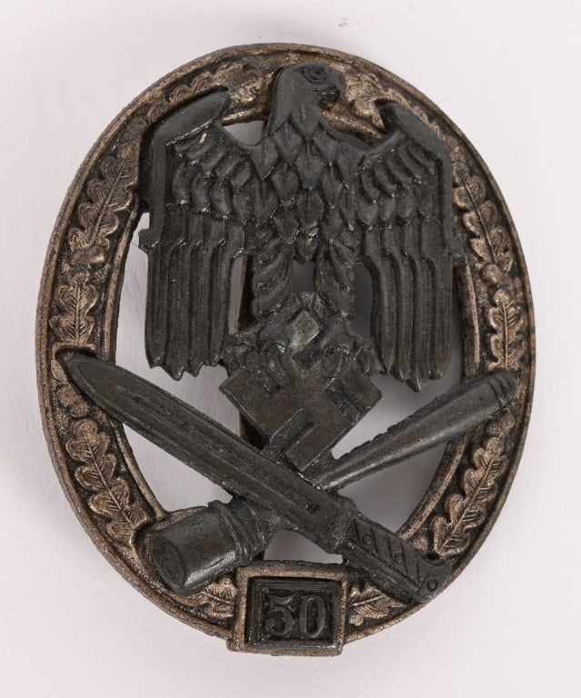 WWII NAZI GERMAN 50 GENERAL ASSAULT BADGE BY RK: Large, two piece, highly convexed, die struck zinc alloy construction badge with a burnished blued wash and a nickel/silver plated finish features a vertically oval, embossed, oak-leaf wreath encompas