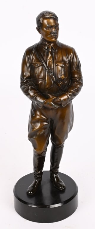 WWII NAZI NSDAP GERMAN ADOLF HITLER STATUE WW2: An extremely well done bronze smelter of the Führer Adolf Hitler depicted in the way he looked and dressed in the period during the 1920s to 1930s. After his becoming the German Chancellor, he wo