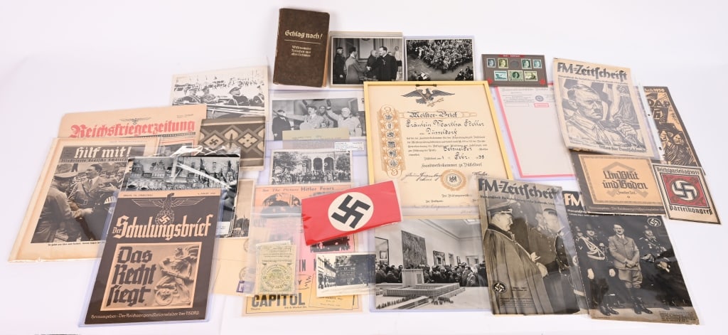 WWII NAZI GERMAN SS PAPER LOT ARMBAND PHOTOS WW2: WWII Nazi German Ephemera & Ceramic Tile Lot to include 1) FM=ZEITSCHRIFT 1st JUNE 1937. 1. Juni 1937 edition of Zeitschrift for contributing members of the SS, magazine is in beautiful co