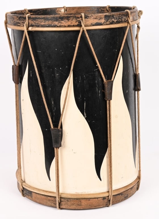 WWII NAZI GERMAN HITLER YOUTH LANDSKNECHT DRUM WW2: This is a excellent original German WWII Deutsches Jungvolk formation field drum of the large style commonly referred to as a Landsknecht drum. It features the distinctive black-and-white flame-patter