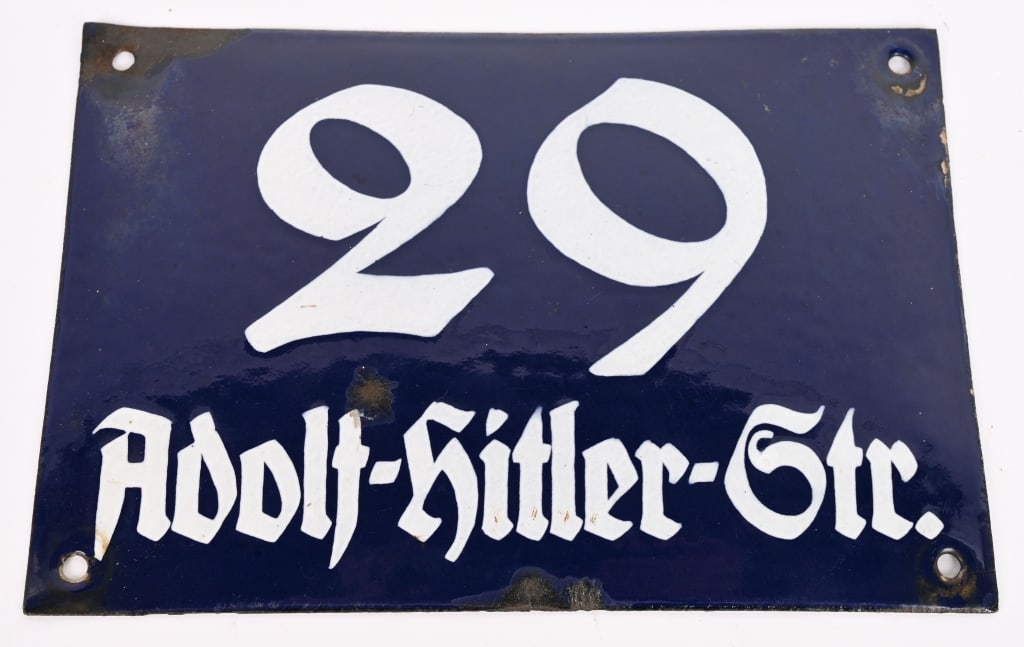 WWII NAZI GERMAN ADOLF HITLER STREET SIGN WW2: WWII 29 Adolf Hitler Straße Sign measuring 8 X 5 1/2 inches and in excellent condition. Towns across Germany and occupied territories routinely renamed their central streets or central squares (A