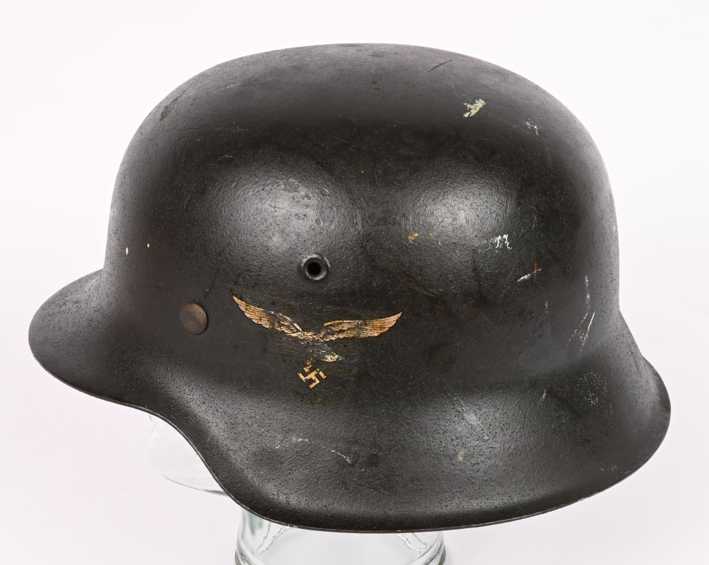 WWII NAZI GERMAN M42 SINGLE DECAL HELMET WW2: Helmet retains a good portion of its rough textured Luftwaffe gray paint. Second pattern Luftwaffe eagle decal is retained about 70%. All three liner retaining rivets intact. M31 tan leather liner is 