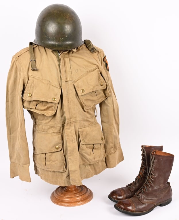 WWII US ARMY NAMED 17TH AIRBORNE GROUPING WW2: WWII & Korean War US Army Paratrooper identified grouping to include 1) WWII NAMED US ARMY 17TH AIRBORNE JUMP JACKET OR BLOUSE. A tan-colored cotton jump blouse, under whose fly front closure is a "Ta