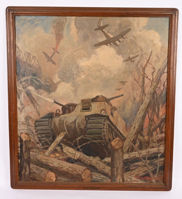 WWII ORIGINAL PAINTING OF BATTLE SCENE BY R. OWEN (1 of 6)