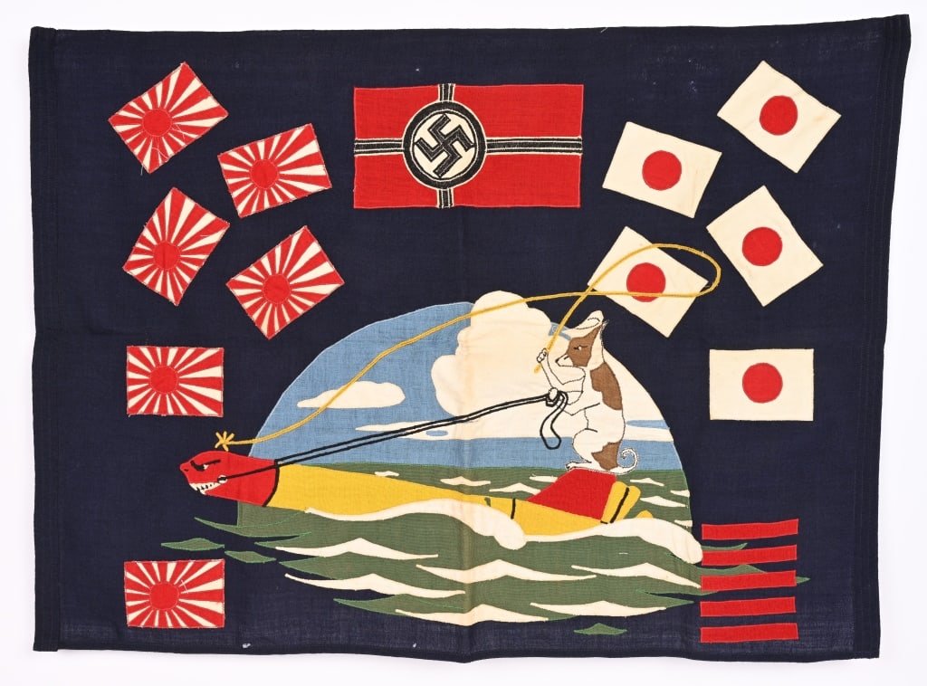 WWII USN USS BESUGO SS-321 SUBMARINE KILL FLAG: WWII U.S. Navy U.S.S. Besugo SS-321 Submarine Kill Flag, circa 1945, all wool bunting, multi-piece construction, made at the Mare Island Naval Shipyard flag loft, showing insignia and kill records of 