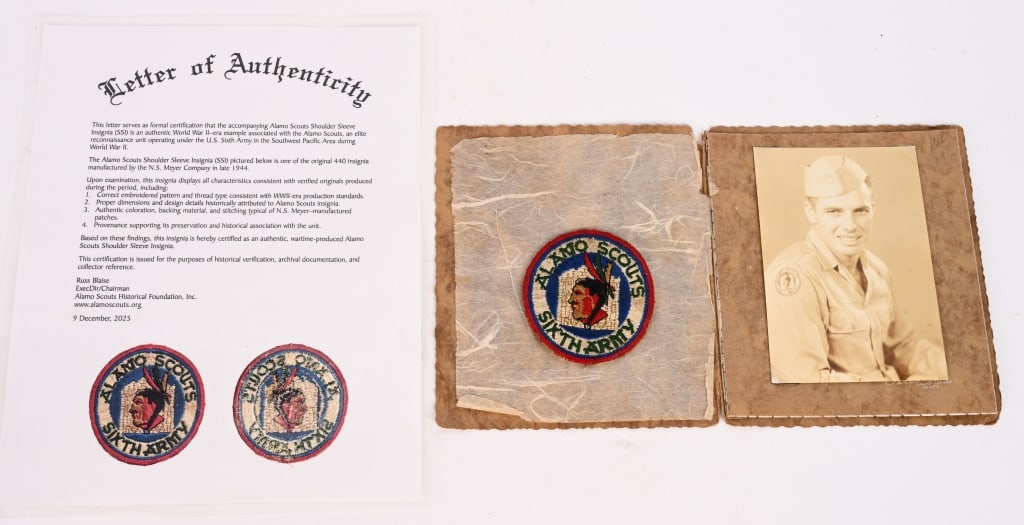WWII US ALAMO SCOUTS SIXTH ARMY PATCH W PHOTO WW2: Accompanying this extremely rare patch is a letter of Authenticity from Russ Blaise, son of William F. Blaise, this shoulder patch, one of approximately 440 made total. Organized by General Walter Kru