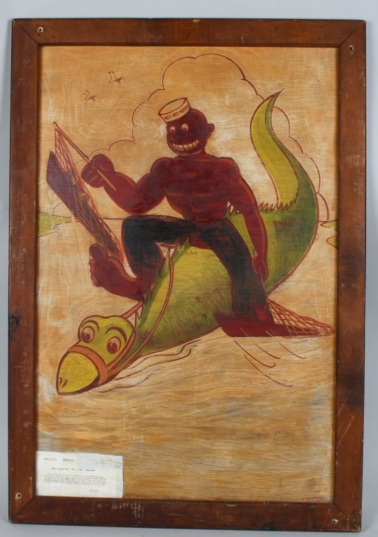WWII US NAVY HARBOR NET TENDER WAR TIME PAINTING: Large hand painted on wood WWII era painting depicting a black sailor riding a dragon. This piece represents the service of the Harbor Net Tender crews of the West Coast. Measures 41" x 29" and is