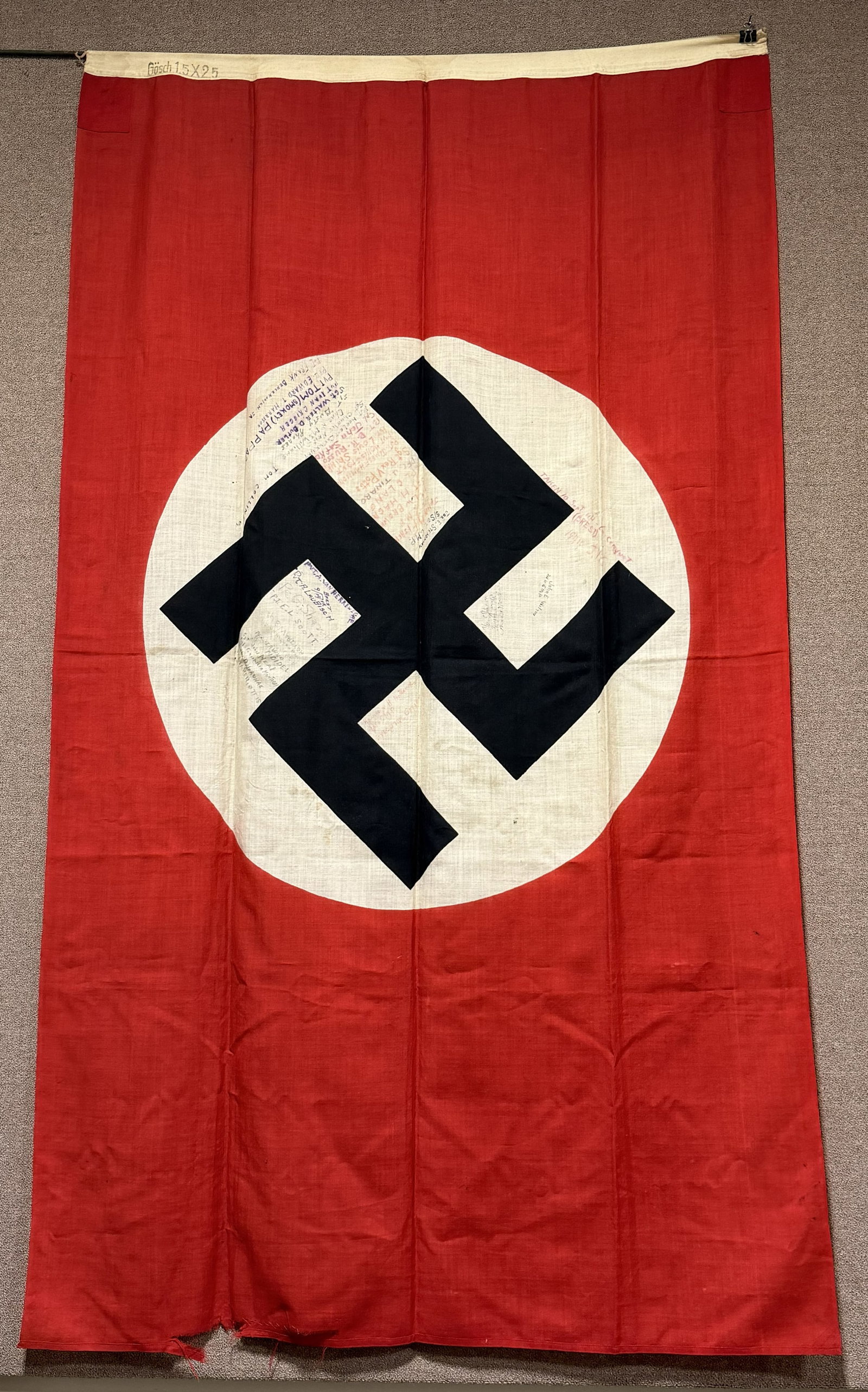 WWII NAZI GERMAN CAPTURED FLAG 29TH INFANTRY DIV.: 29th Infantry Signed Military Police Nazi Flag well marked to the bunting Gosch 1.5X2.5 in excellent condition signed by roughly 40 members of the 29th Division Military Police Platoon. Excellent.