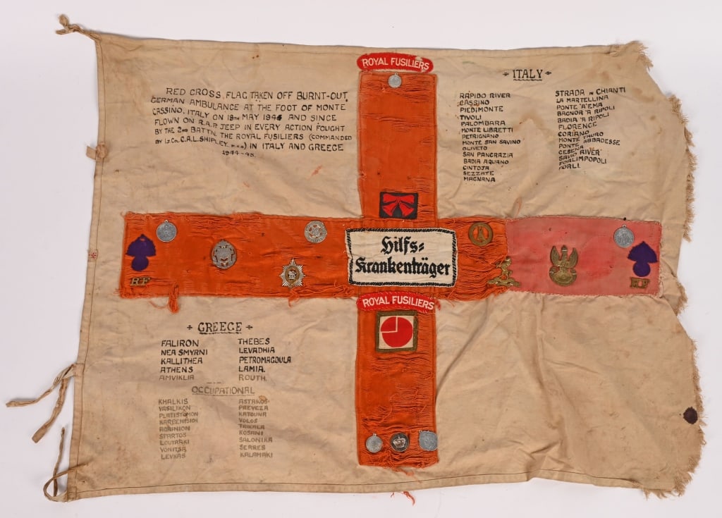WWII NAZI GERMAN RED CROSS CAPTURED DIARY FLAG WW2: A very attractive WWII Nazi German Captured Red Cross Flag that is written on in the upper left corner "RED CROSS FLAG TAKEN OFF BURNT-OUT GERMAN AMBULANCE AT FOOT OF MONTE CASSINO, ITALY ON 18TH MAY