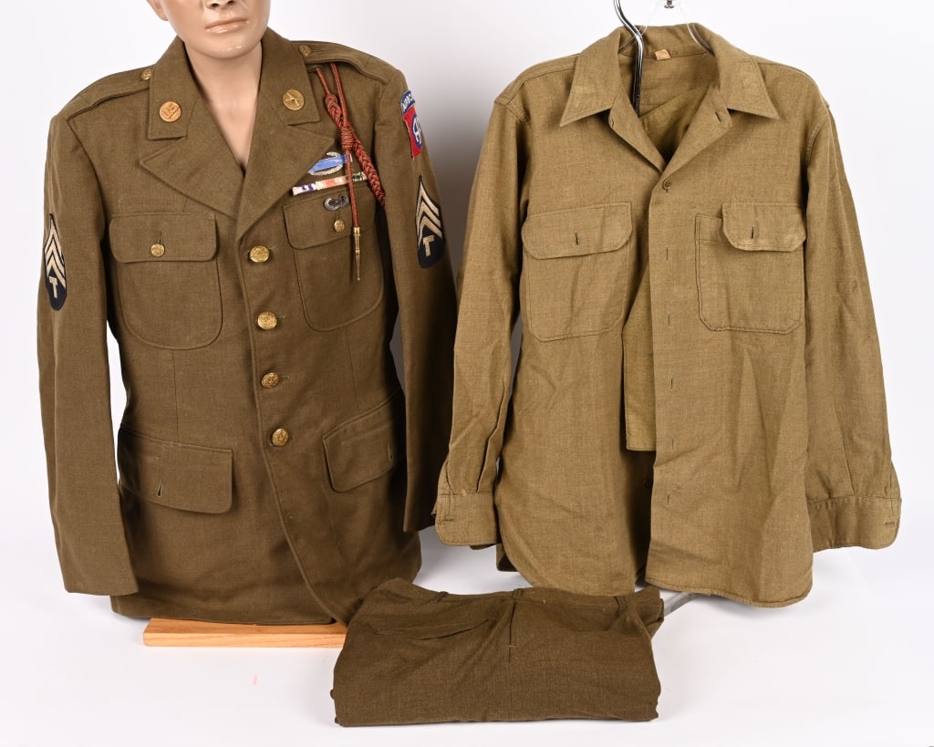 WWII NAMED 82ND AIRBORNE DIVISION DRESS UNIFORM: A named 82nd Airborne dress uniform to include his 4 pocket dress jacket that is adorned with his 82nd Airborne Shoulder Sleeve Insignia, Tech Sergeant Chevrons, US and Infantry Collar Disks, Combat