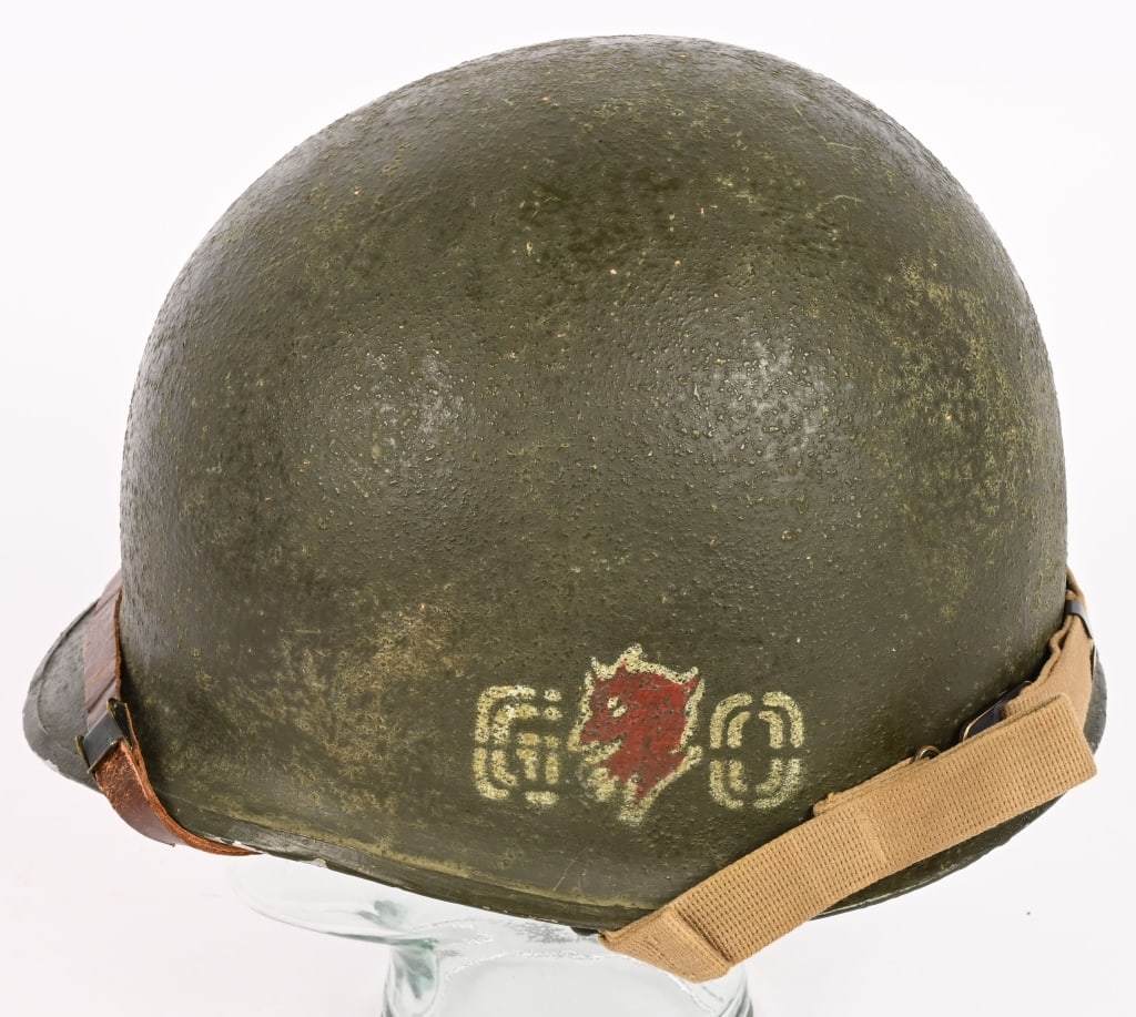 WWII US ARMY 60TH REGIMENT PAINTED M1 HELMET WW2: WWII US Army painted 60th Infantry regiment painted M1 combat helmet has legitimate combat and field use. The front seam fixed bale helmet has 60th Infantry regiment unit insignia painted to