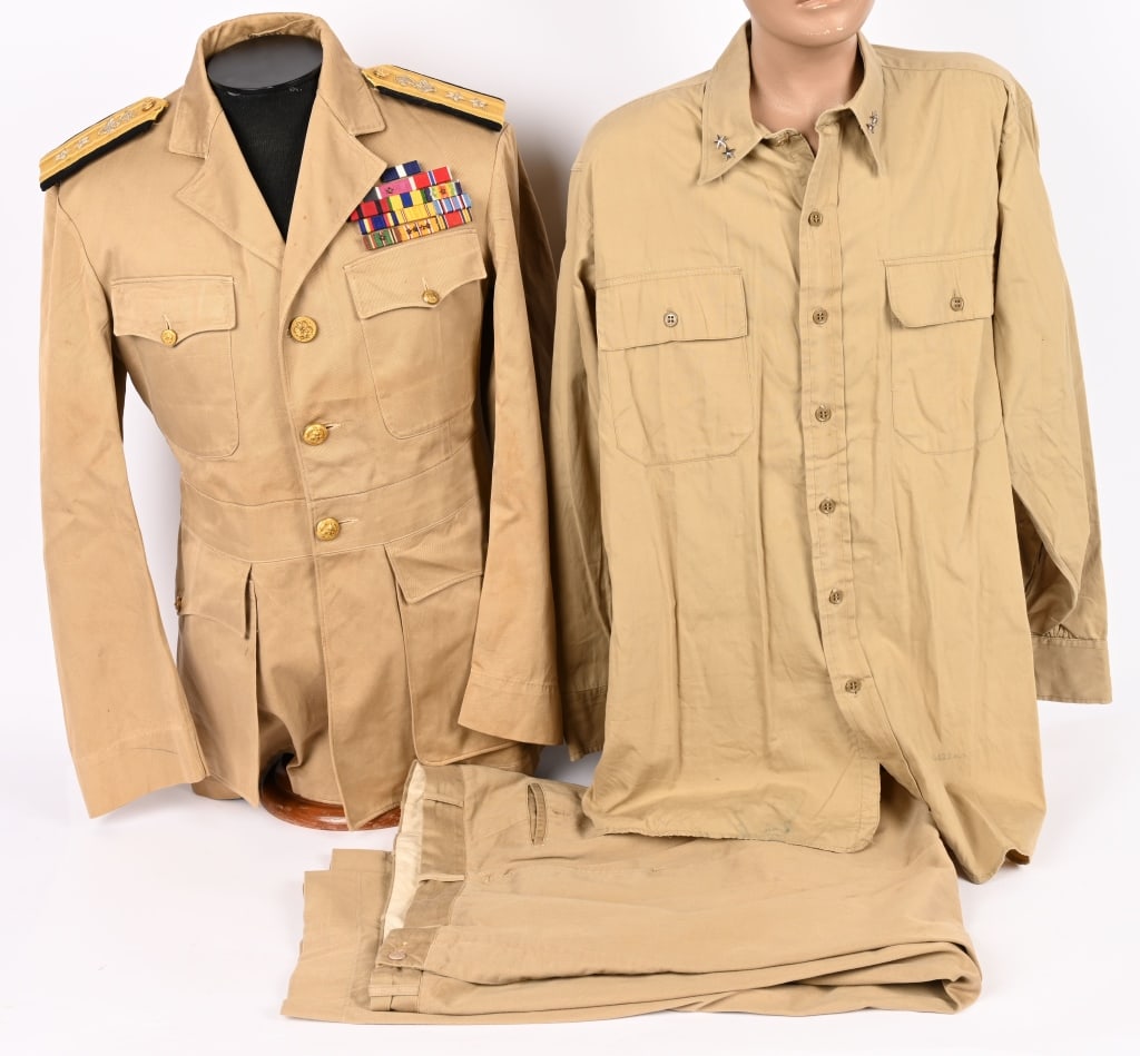 WWII NAMED US NAVY VICE ADMIRAL DONALD BEARY WW2: Named uniform of Admiral Donald Bradford Beary that includes a Tunic adorned with his Ribbon Bars, Khaki Shirt with Two Star Devices to each side of the collar, Trousers, Overseas Cap, Tie