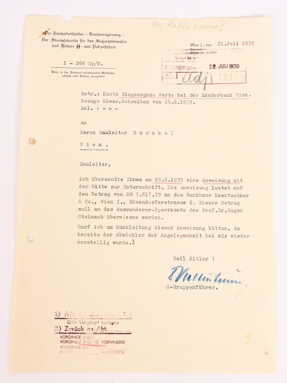 WWII NAZI GERMAN HAND SIGNED LETTER KALTENBRUNNER: The Imperial Governor --County Government Hand signed letter by SS Gruppenführer Ernst Kaltenbrunner that translates to: The Federal Secretary for the Security System And Highest SS and Police