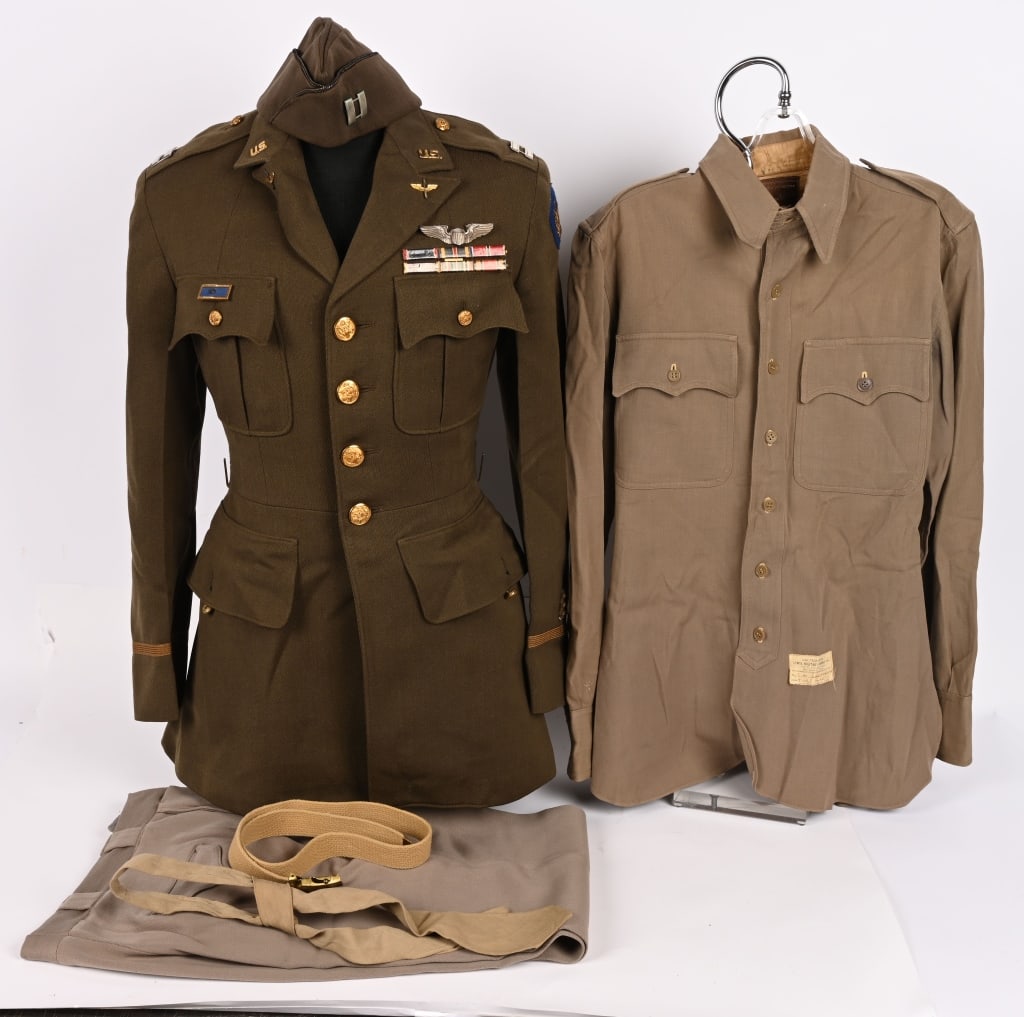 WWII US ARMY AIR CORPS 8TH AIR FORCE PILOT UNIFORM: WWII US Army Air Corps 8th Air Force Uniform with a beautiful 8th Air Force Bullion Shoulder Sleeve Insignia with three gold overseas service stripes to the lower sleeve. The chest is adorned with 3