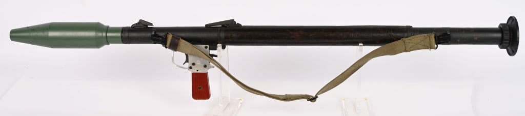 BULGARIAN RPG-2 ROCKET PROPELLED GRENADE ANTI TANK: Bulgarian RPG-2 anti-tank grenade launcher with a wood tube cover, demilled by cutting a hole in the side of the welded in mid-section of tube, rod welded vertically thru the firing pin hole, black