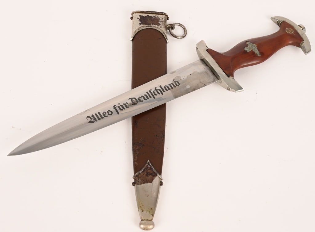WWII NAZI GERMAN SA M33 DAGGER GROUND Röhm WW2: Early, (Circa 1933-1934), nice quality dagger features a roughly, 8 3/4", (22.3 cm), long, double edged, nickel/silver plated, drop forged steel construction blade with a low central ridge and a full