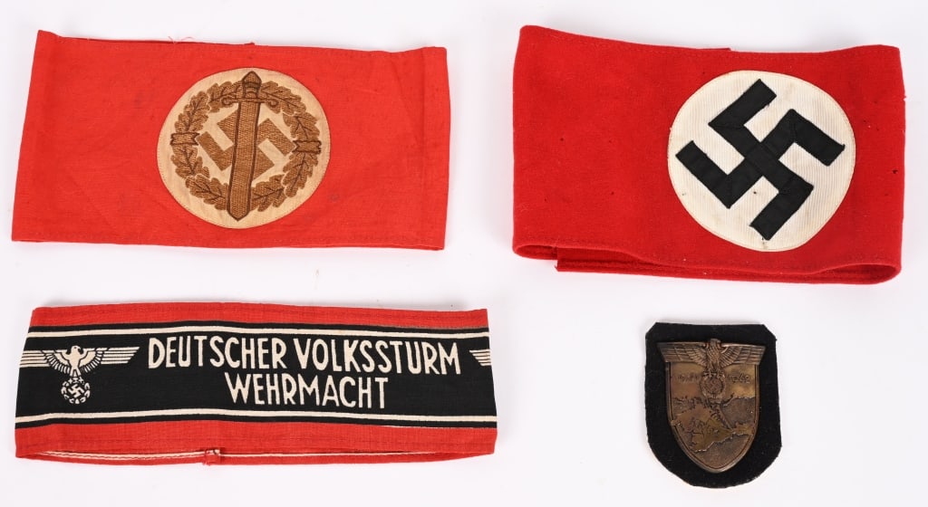 WWII NAZI GERMAN ARMBAND & PANZER KRIM SHIELD LOT: Lot of Nazi German Armbands and Campaign Shield to include 1) PANZER KRIM CAMPAIGN SHIELD. The award is in the form of a vertical, die stamped, sheet metal construction, shield with a bronze
