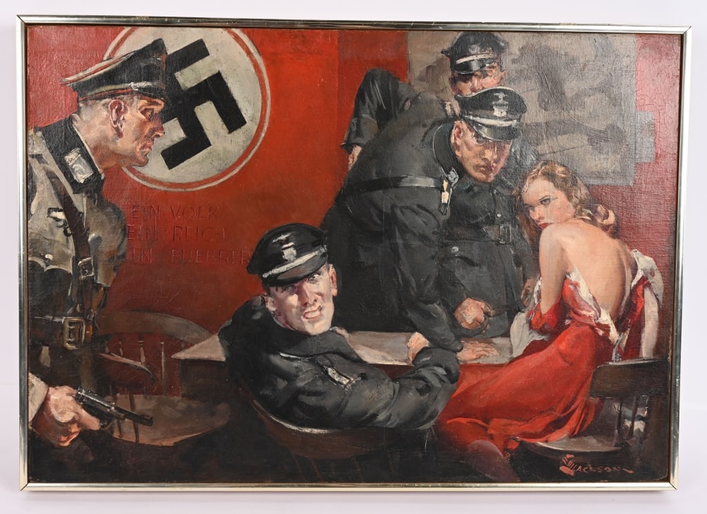 ELBERT MCGRAN JACKSON ORIGINAL ANTI NAZI PAINTING: A very attractive oil on canvas sign painting signed by Elbert McGran Jackson (American, 1896-1962) measuring 31 X 22 inches and is signed in the lower right hand corner. The image shows