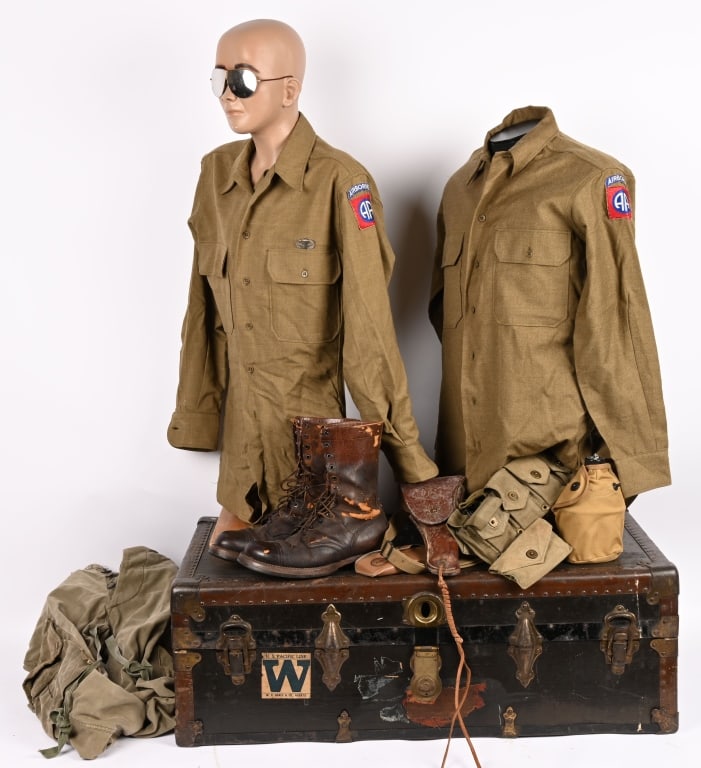 WWII US ARMY 82ND AIRBORNE M43 JUMP TROUSERS SET: Trunk grouping on a 82nd Airborne Veteran Kenneth W. White of Avalon Pa. The oversized trunk is nicely named to him still retaining its top, covered shelf. The interior shows a set of M43