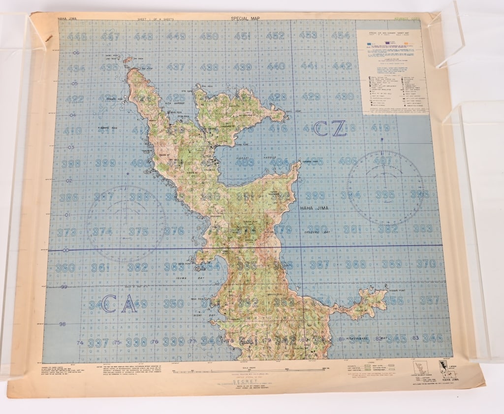 WWII US NAVY SECRET MAPS OF HAHA JIMA AIR & TARGET: A rare set of WWII Secret Marked Maps of Hahajima Prepared for, CINCPAC Commander-in-Chief, US Pacific Fleet. The maps measure approximately 19.75 inches tall x 22.25 inches wide and all are marked