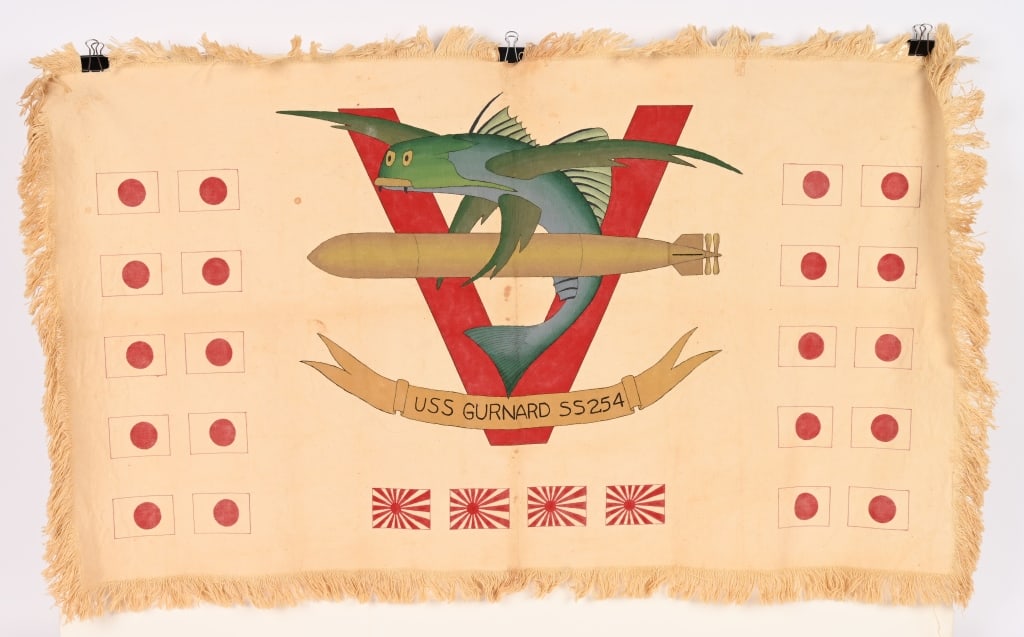 WWII US NAVY SUBMARINE TAPESTRY USS GURNARD WW2: A stellar hand painted Tapestry of the USS Gurnard SS-254 measuring 46 X 28 inches and made of heavy duct material that is hand painted showing the kills of the Submarine. Excellent. USS Gurnard 