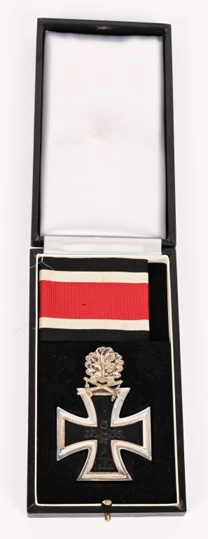 WWII NAZI GERMAN 1957 KNIGHTS CROSS GERMAN CROSS: Knight's Cross Of The Iron Cross With Oak Leaves and Swords . A 1957 Knight's Cross of the Iron Cross with Swords and Oak Leaves and Swords - Silver, non-magnetic, 48.5 mm x 71.5 mm inclusive of its o