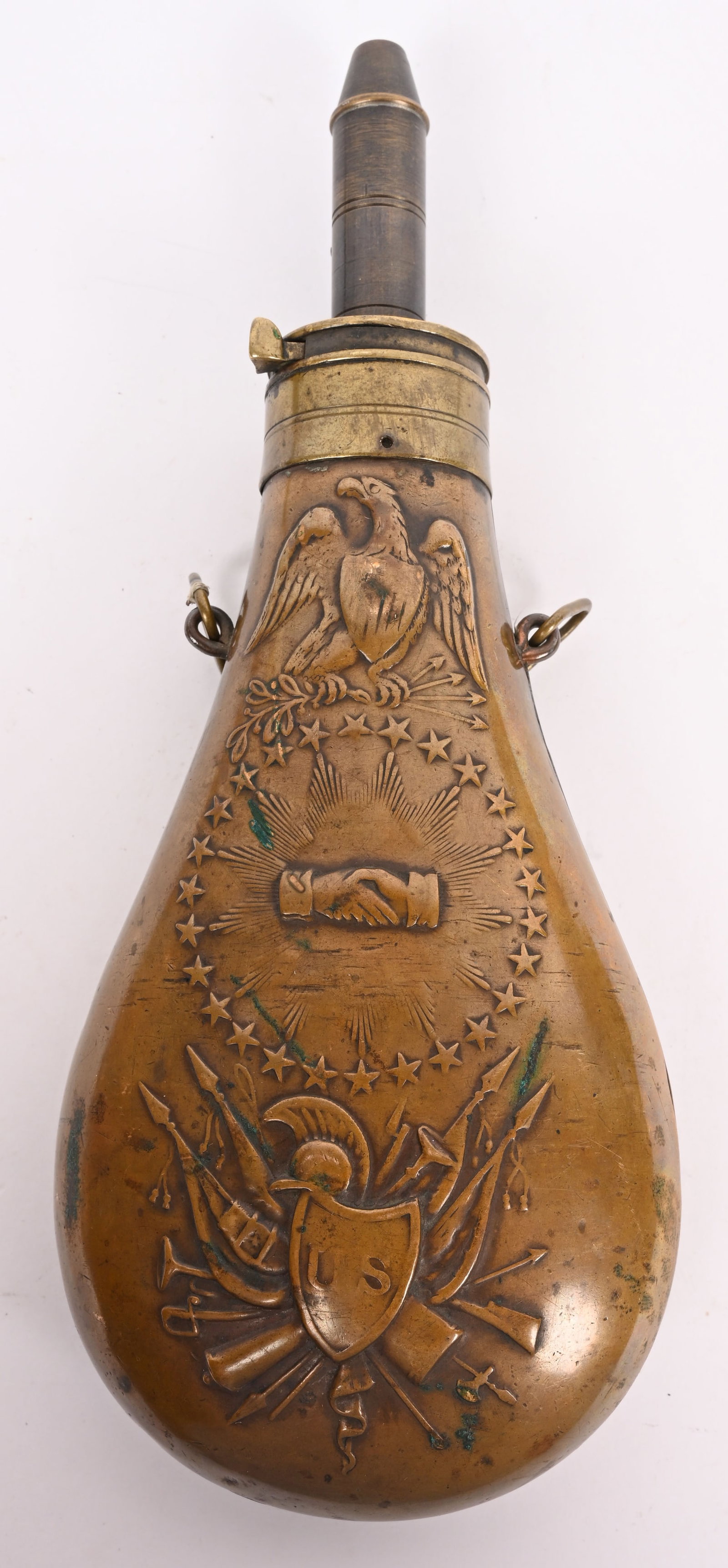 US MEXICAN WAR 1846 DATED AMES PEACE FLASK 1838: US Issue Peace Flask, N.P. Ames 1838 Complete and original with triangular suspension rings. Body is in excellent condition with a couple of minor dents, a nice mellow patina. Excellent markings, stro