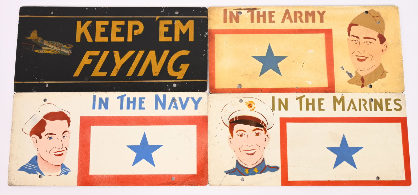 WWII SON IN SERVICE FLAG LICENSE PLATE USN ARMY: Attractive WWII period License Plates made of compressed wood measuring 13 1/2 X 6 1/8 and are painted to include 1) KEEP EM FLYING with an image of a Douglas TBD-1 Devastator. Excellent 2) IN THE ARM