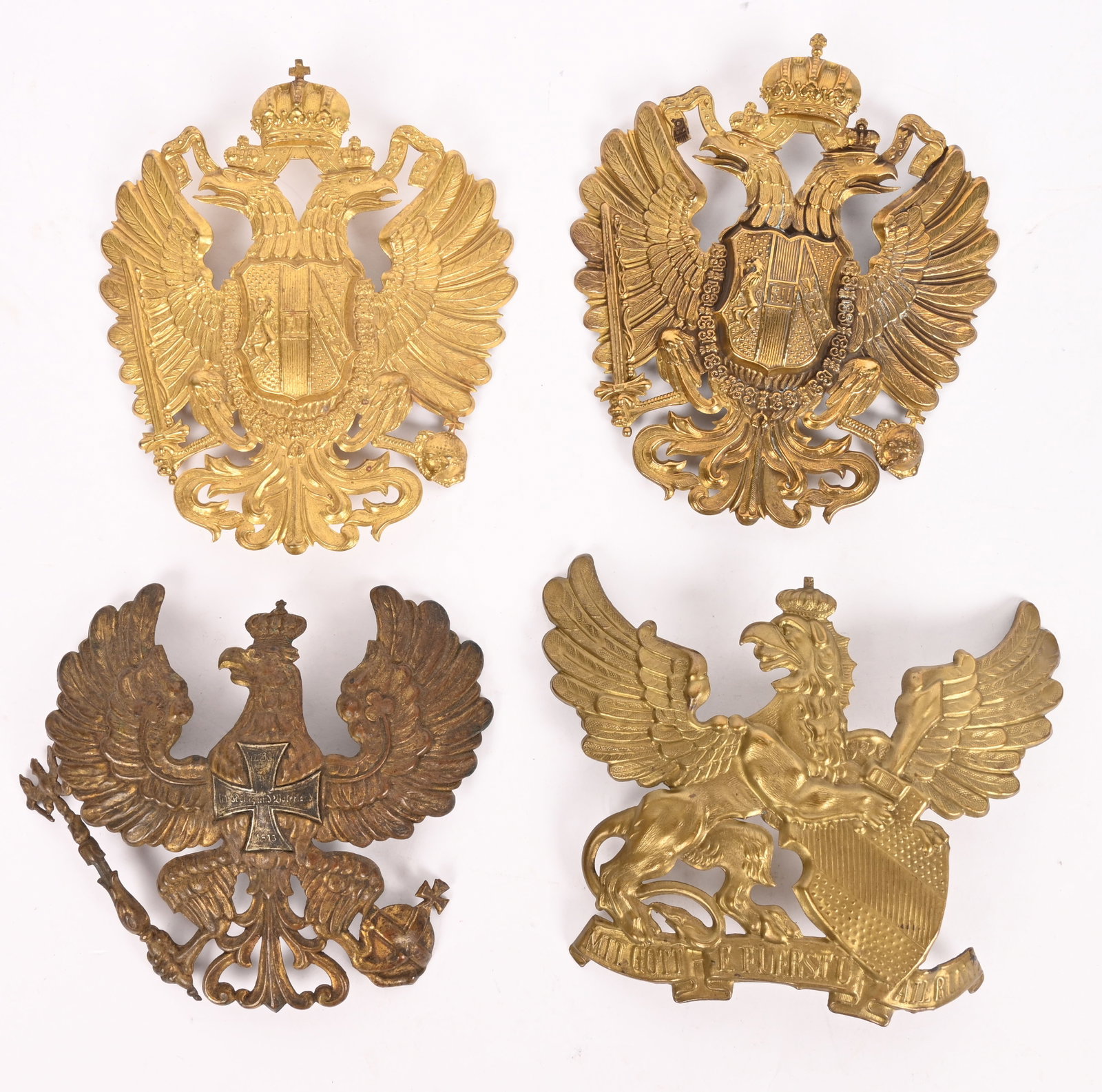 WWI IMPERIAL AUSTRIAN & GERMAN HELMET PLATE LOT: Imperial Austrian and German Wrappen for Shako's and Spiked Helmets to include 1) WWI IMPERIAL AUSTRIAN OFFICERS DRESS SHAKO HELMET PLATE. Missing the pins. 2) WWI IMPERIAL AUSTRIAN OFFICERS DRESS SHA