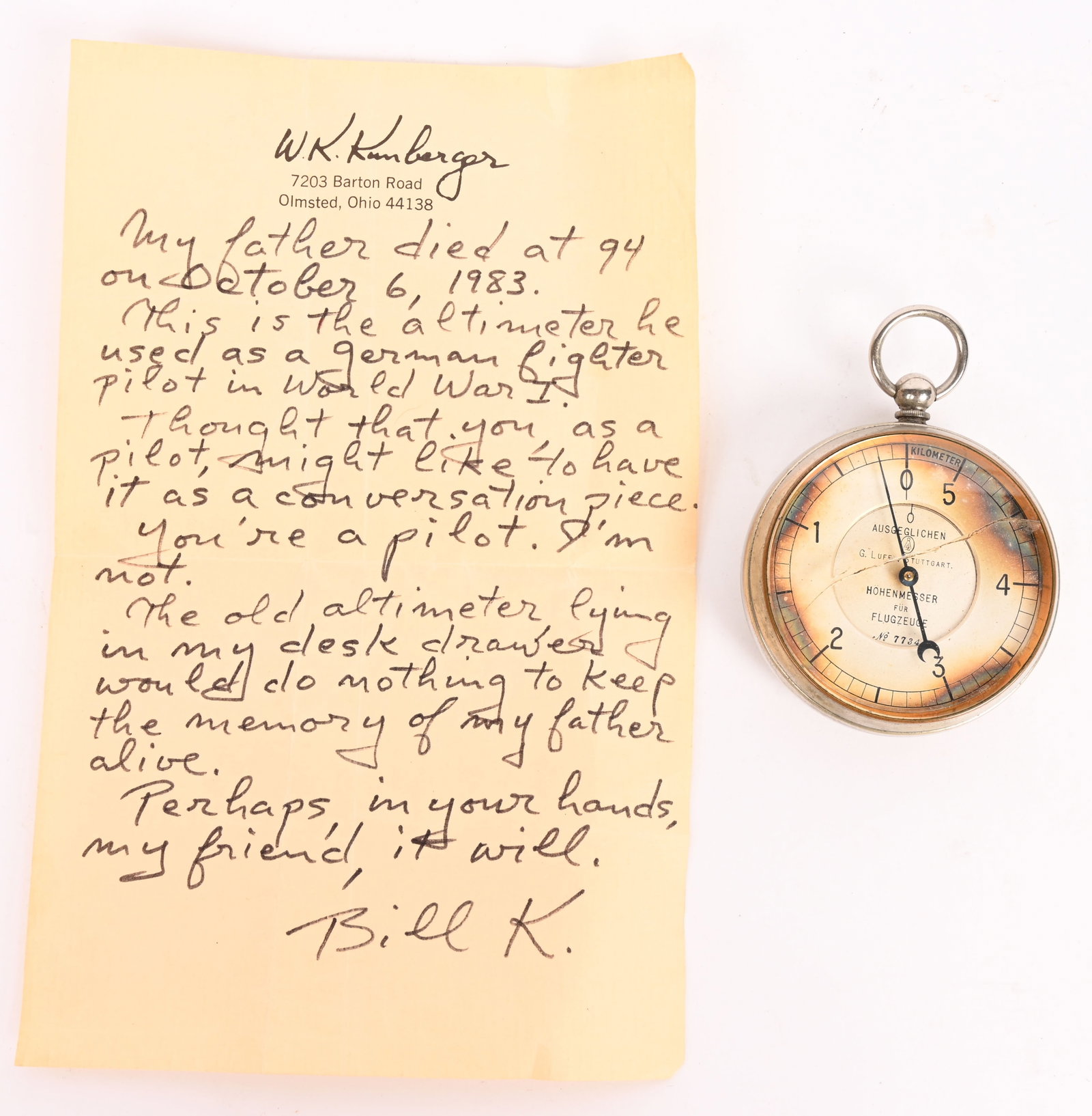 WWI IMPERIAL GERMAN LUFTSTREITKRÄFTE ALTIMETER WW1: An Imperial German Luftstreitkräfte Aviators Altimeter measuring 2 1/2 inches in diameter, dual concentric dial:well marked “G. Lufft, Stuttgart;” the lower with the legend “Höhenmesser f�