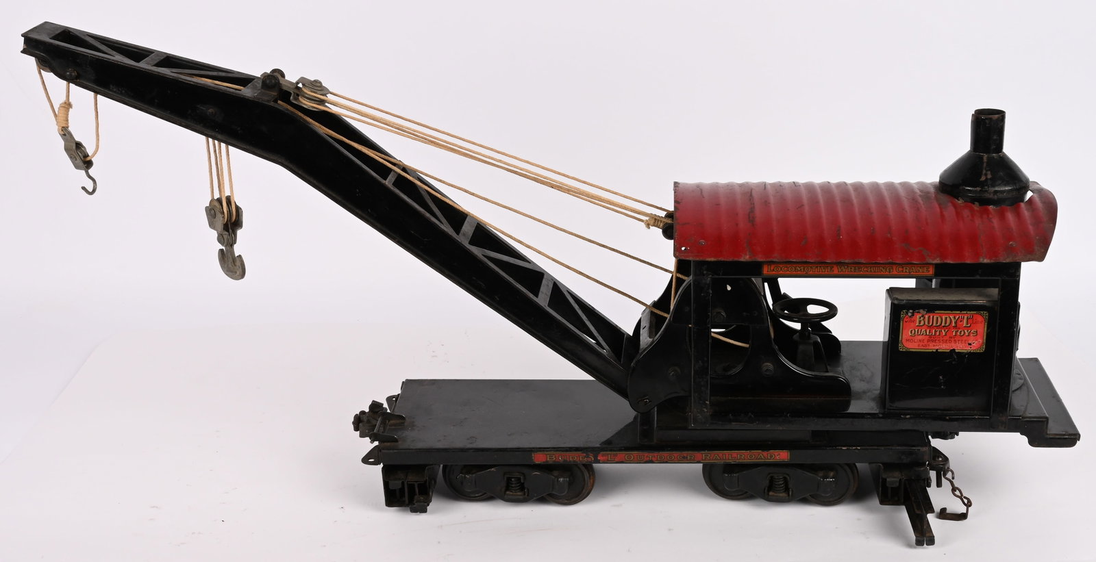 BUDDY L OUTDOOR RAILROAD WRECKING CRANE CAR: Original Buddy L pressed steel Outdoor Railroad Wrecking Crane Car. All original with exceptional paint and decals. A very impressive toy. Very nice example of this rare Railroad Working Car. 32"